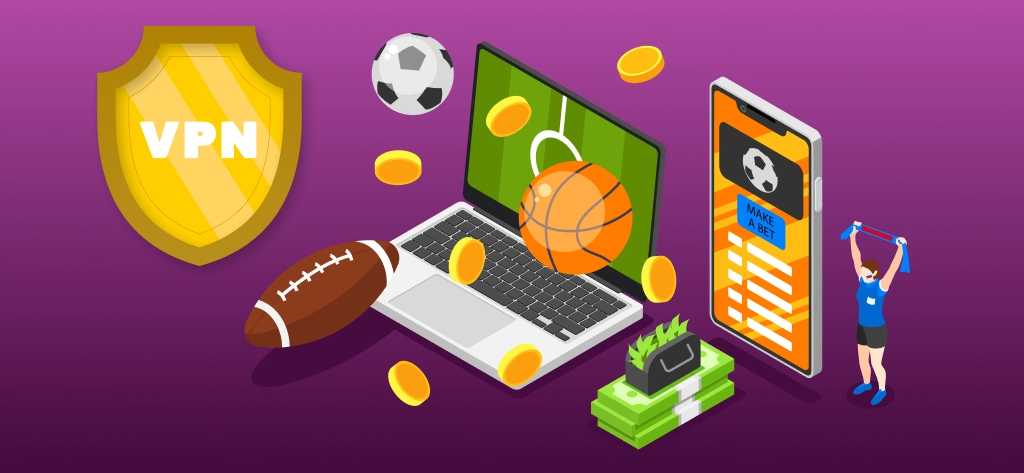 Illustration of a laptop and mobile phone representing casino games and sports betting with VPN.